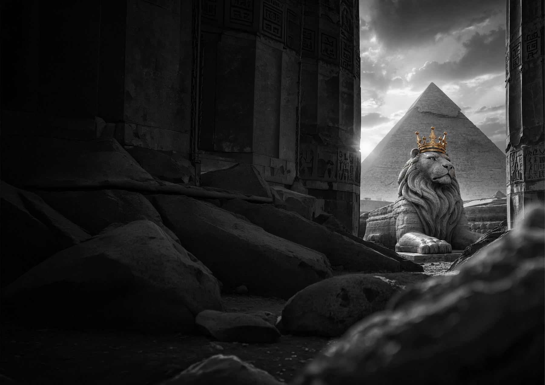 The Kingsmen crowned lion before the pyramids of Giza
