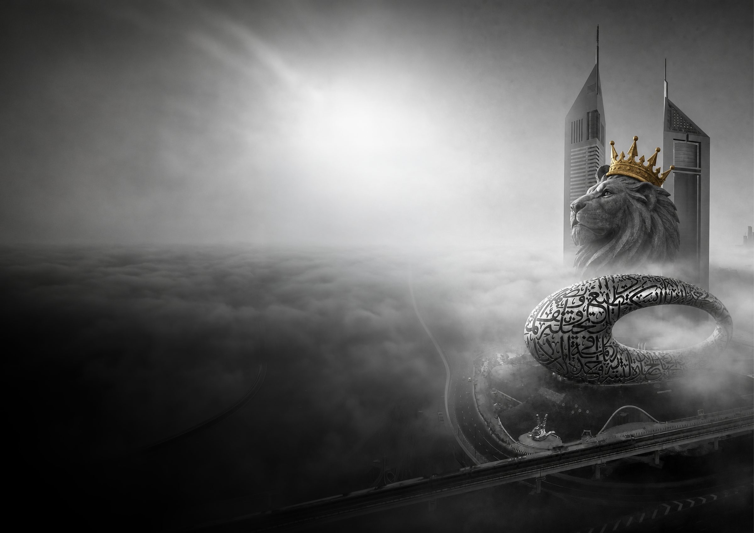 The Kingsmen crowned lion above Dubai's skyline, shrouded in cloud