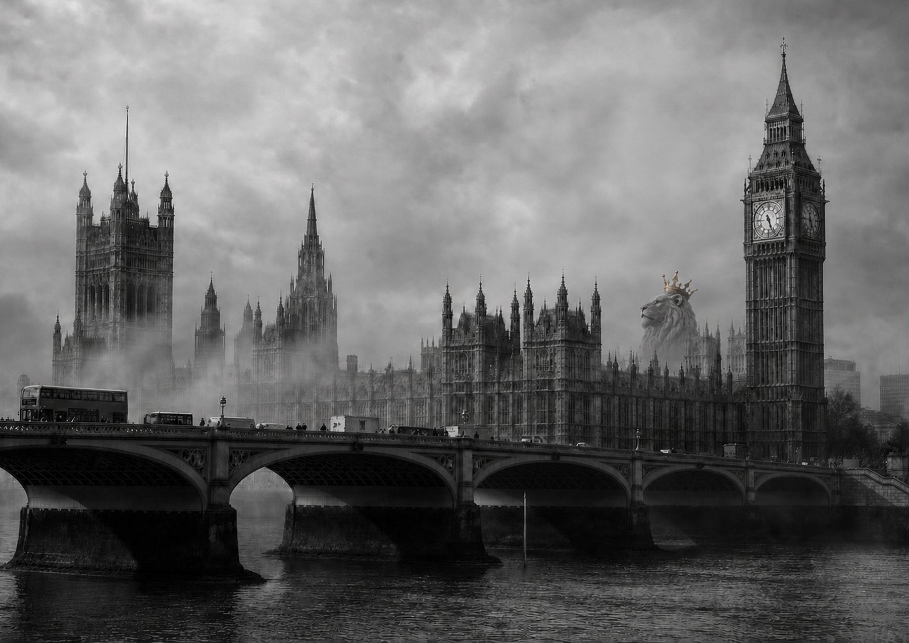 The Kingsmen crowned lion over the Houses of Parliament in London