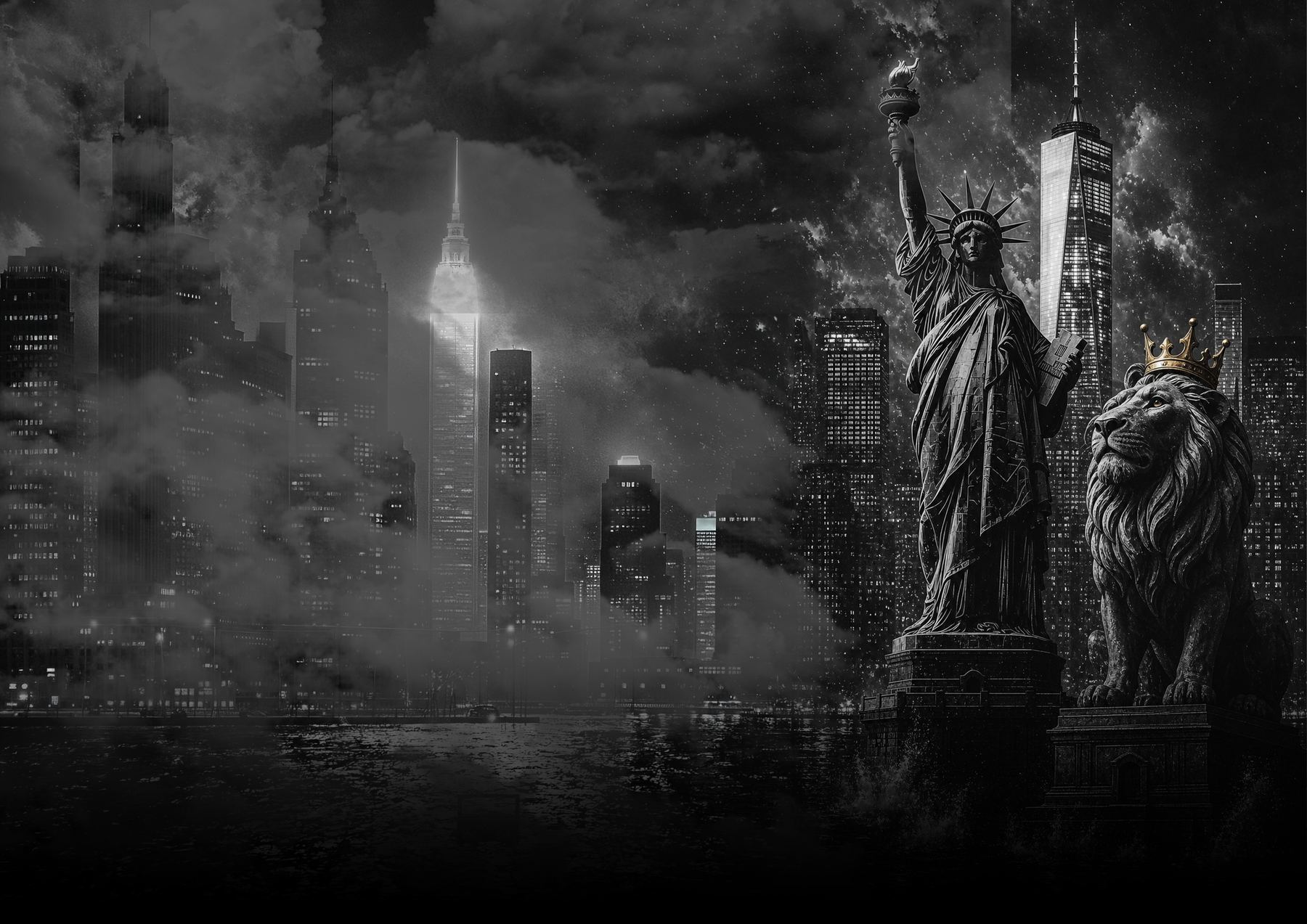 The Kingsmen crowned lion beside the Statue of Liberty in New York